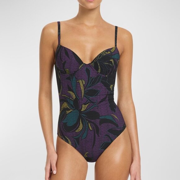 JETS Midnight Tropical Moulded Wire One Piece Swimsuit Size 10 US Purple Black - Picture 1 of 2
